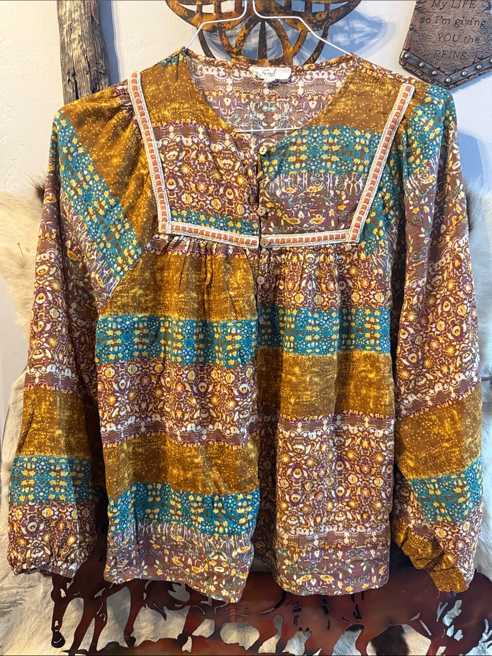 easel Patchwork Boho Tunic in Mustard, Teal & Brown